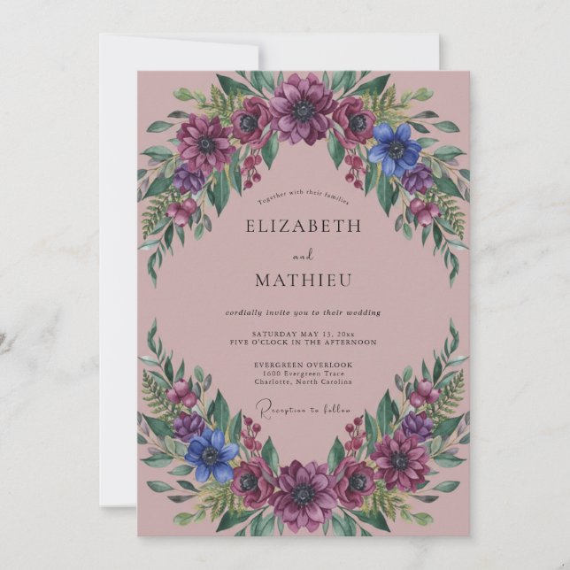 Convites Casamento Floral Luxuriante Rosa Empoeirado (Frente)