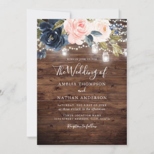 Convites Casamento Floral Luzes de Madeira Rústica Azul-Mar