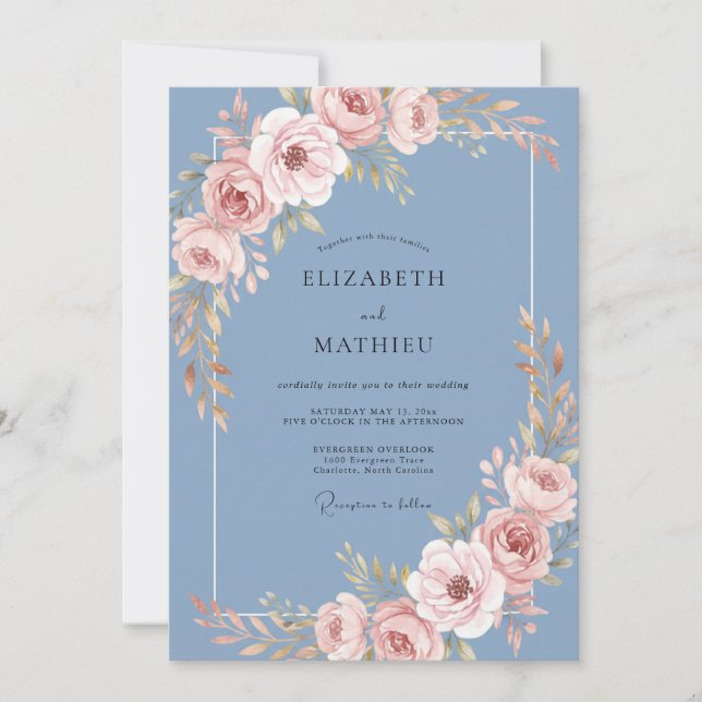 Convites Casamento Floral Macio Azul Aço (Frente)