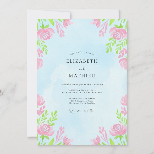 Convites Casamento Floral Macio Azul Céu (Frente)
