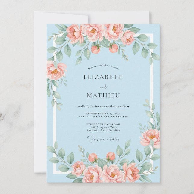 Convites Casamento Floral Macio Azul Coral (Frente)