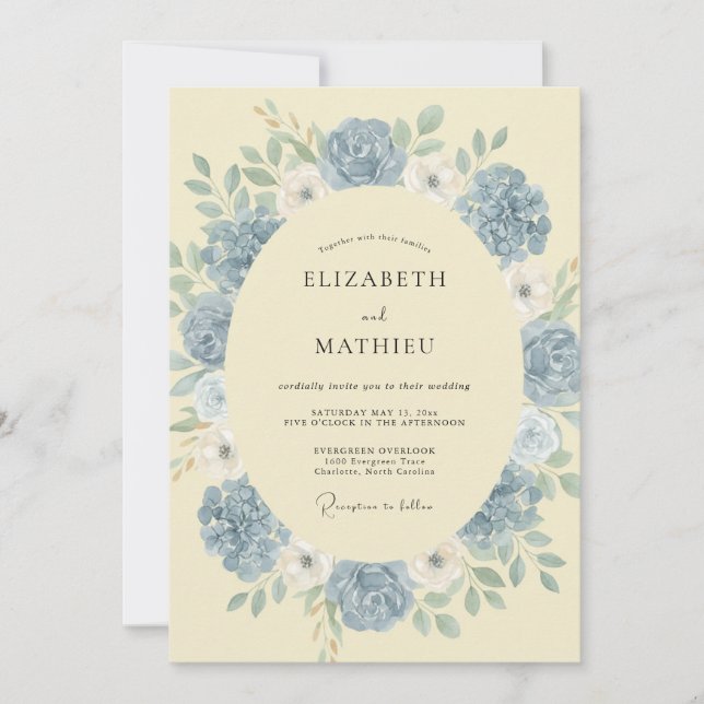 Convites Casamento Floral Macio Azul Empoeirado (Frente)