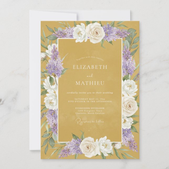 Convites Casamento Floral Macio Dourado Roxo (Frente)