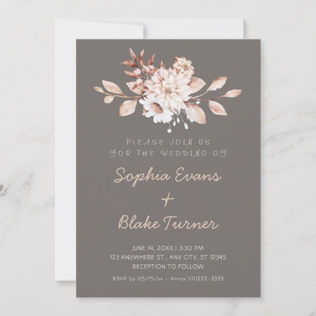 Convites Casamento Floral Macio Prateado Escuro Rústico Mod (Frente)