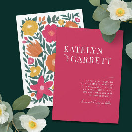 Convites Casamento Floral Magenta de Na moda Simples