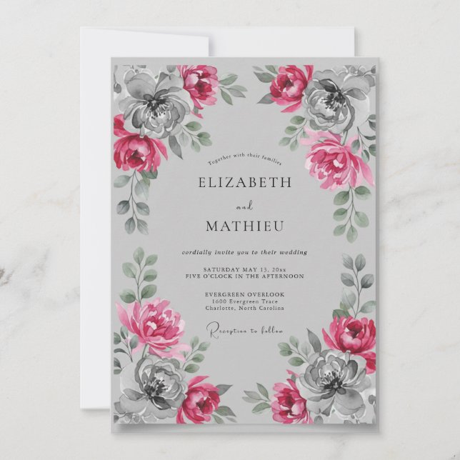 Convites Casamento Floral Magenta Mal-humorado (Frente)