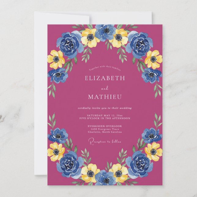 Convites Casamento Floral Magenta Ousado (Frente)