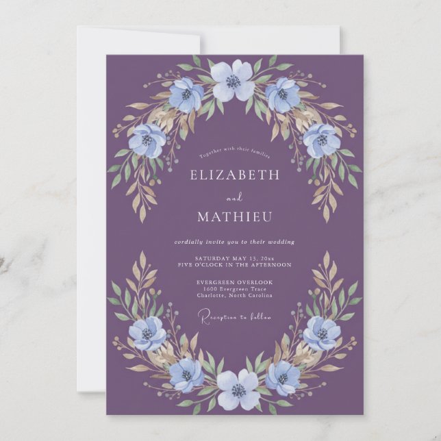 Convites Casamento Floral Magnífico Ameixa (Frente)