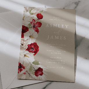 Convites Casamento Floral Magnífico Branco e Vermelho