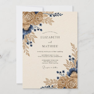 Convites Casamento Floral Majestoso Azul Marinho Dourado