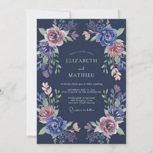 Convites Casamento Floral Majestoso Azul Meia-Noite