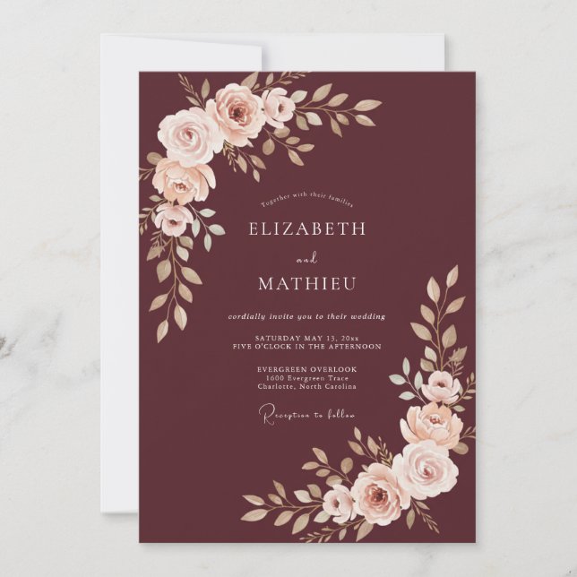 Convites Casamento Floral Majestoso Borgonha (Frente)