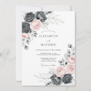 Convites Casamento Floral Majestoso em Cinza Carvão