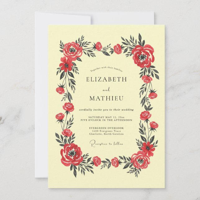 Convites Casamento Floral Majestoso Escarlate (Frente)
