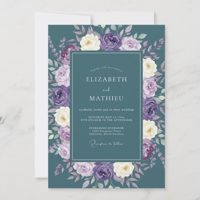 Convites Casamento Floral Majestoso Turquesa (Frente)