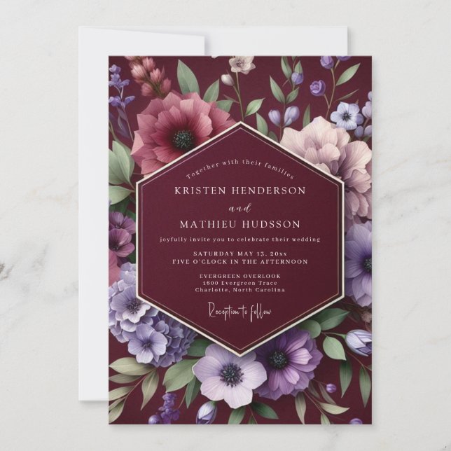 Convites Casamento Floral Mal-humorado Borgonha (Frente)