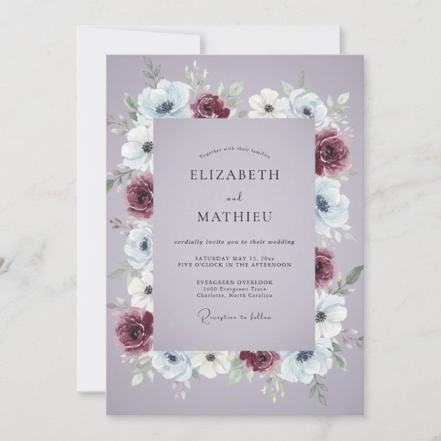 Convites Casamento Floral Malinconico Borgonha Lavanda (Frente)