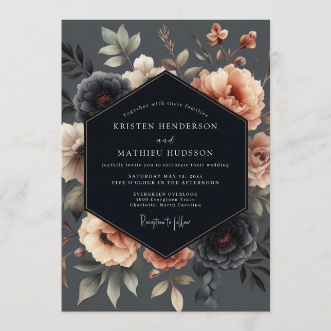Convites Casamento Floral Malva Charcoal (Frente)