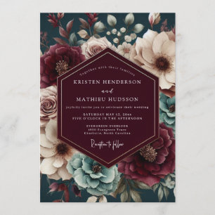 Convites Casamento Floral Malva e Azul-escuro