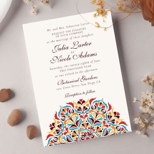 Convites Casamento Floral Mandala Laranja Teal Caprichoso (Criador carregado)