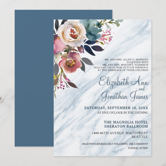 Convites Casamento Floral Marble Elegante Dusty Blue Burgun (Frente/Verso)