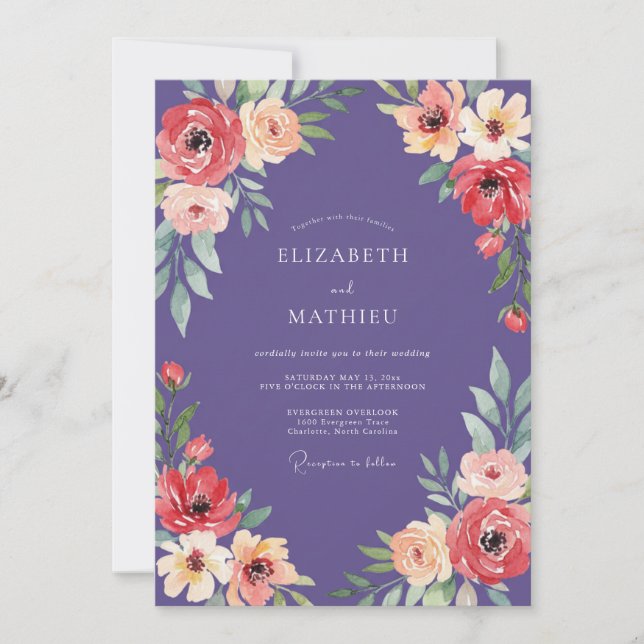 Convites Casamento Floral Marcante Deep Purple (Frente)