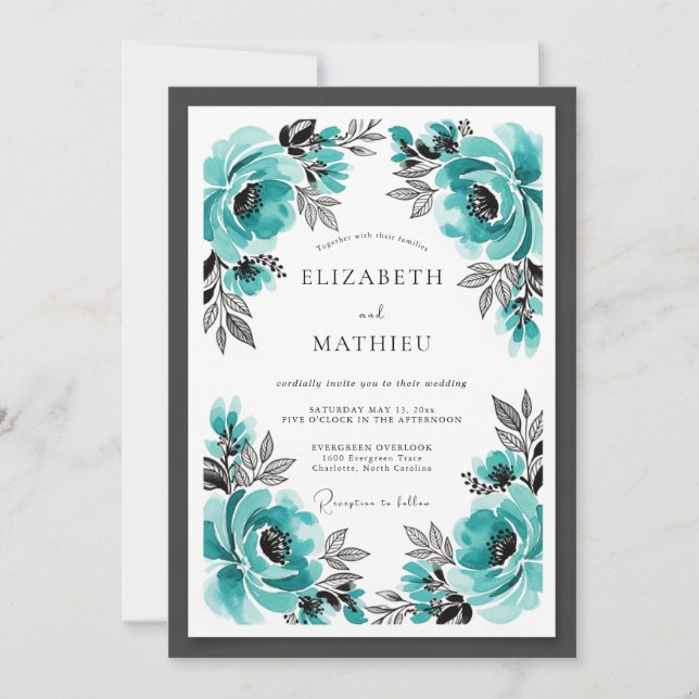 Convites Casamento Floral Marcante Turquesa (Frente)