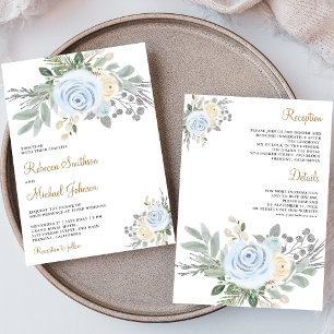 Convites Casamento Floral Marfim Azul Empoeirado Tudo em Um