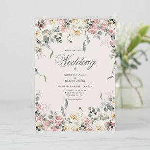 Convites Casamento Floral Marfim com Toque de Rosa Elegante