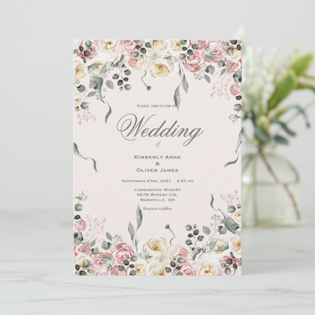 Convites Casamento Floral Marfim com Toque de Rosa Elegante (Em pé/Frente)