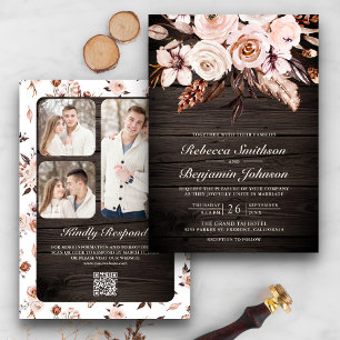 Convites Casamento Floral Marfim Rústico em Madeira Código