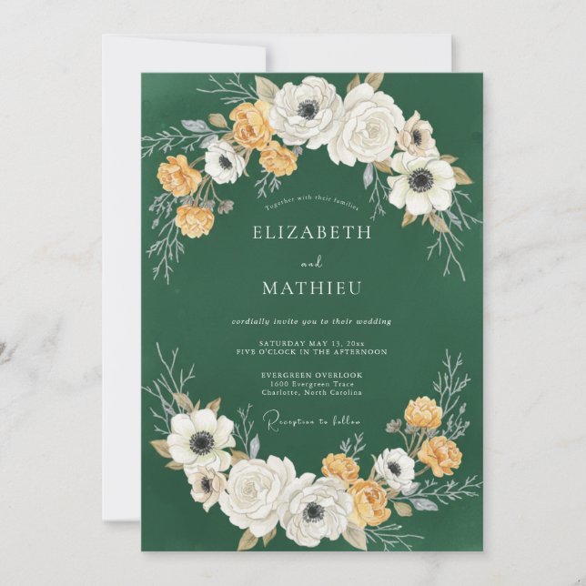 Convites Casamento Floral Marfim Verde Profundo (Frente)