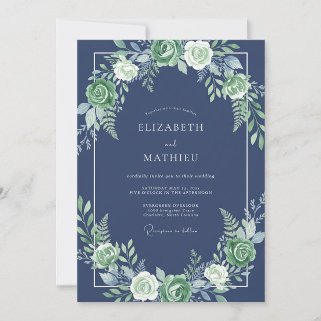 Convites Casamento Floral Marinho (Frente)