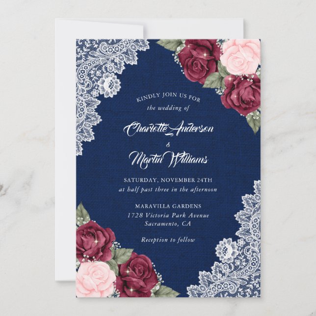 Convites Casamento Floral Marinho Azul Blush Burlap (Frente)