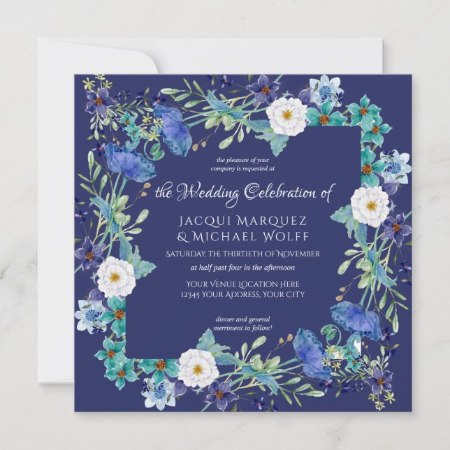 Convites Casamento Floral Marinho Azul De Cor D'Água Com Vi (Frente)