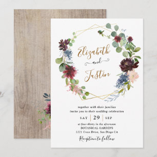 Convites Casamento Floral Marinho Russo Waterclor Burgundy