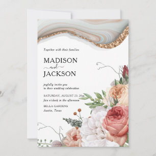 Convites Casamento Floral Mármore Brilho Dourado