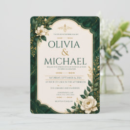 Convites Casamento Floral Mármore Verde Esmeralda Elegante