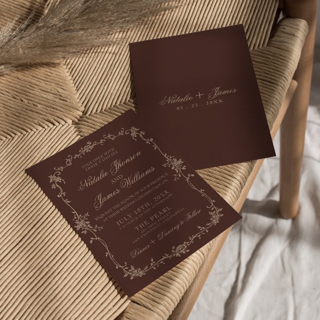 Convites Casamento Floral Marrom Chocolate Boho Chic Old Mo (Criador carregado)