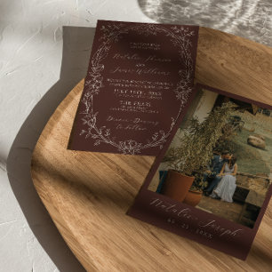 Convites Casamento Floral Marrom Chocolate Clássico com Din