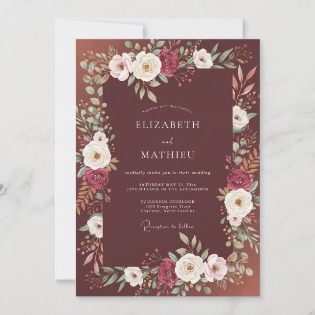 Convites Casamento Floral Marrom Elegante (Frente)