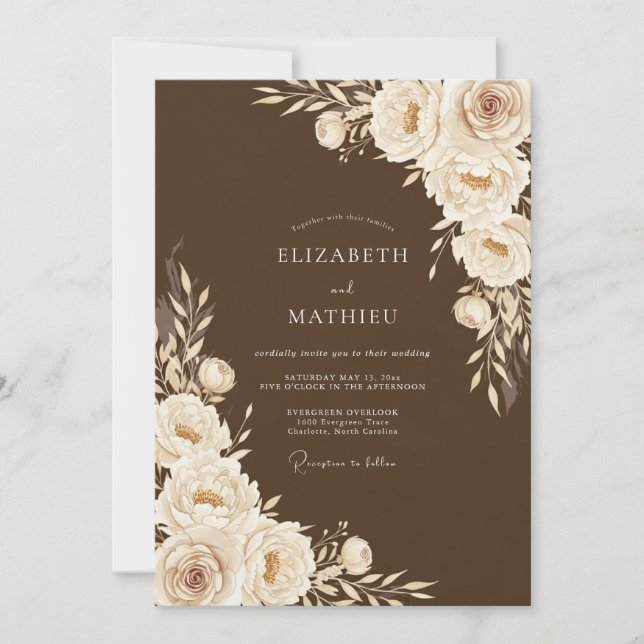 Convites Casamento Floral Marrom Romance (Frente)