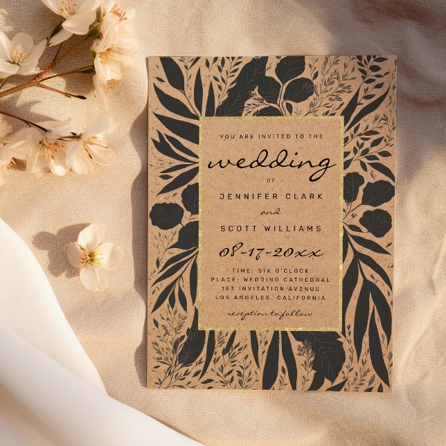 Convites Casamento floral marrom rústico em papel preto dou (Rustic brown paper black gold floral wedding)