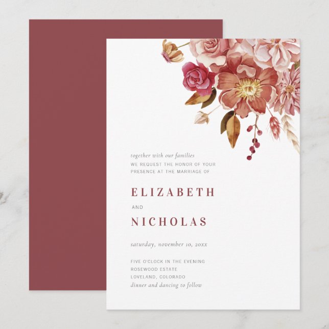 Convites Casamento Floral Marsala Elegant Watercolor (Frente/Verso)