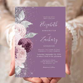 Convites Casamento Floral Mauve Blush Silver Glitter