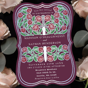 Convites Casamento Floral Medieval Rosa Prata Espada Real