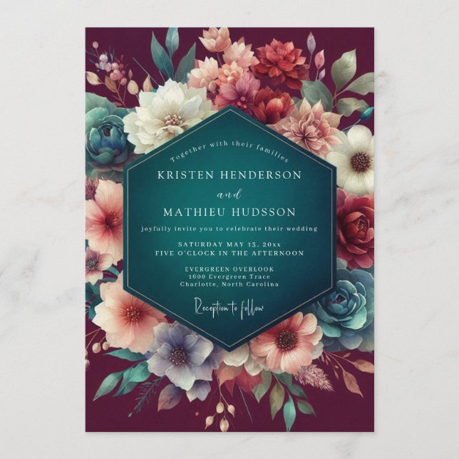 Convites Casamento Floral Merlot (Frente)