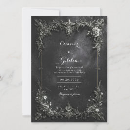 Convites Casamento Floral Metálico Preto e Prata Gótico Esc