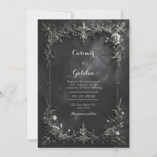 Convites Casamento Floral Metálico Preto e Prata Gótico Esc