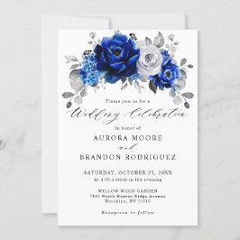 Convites Casamento Floral Metálico Real Blue Silver